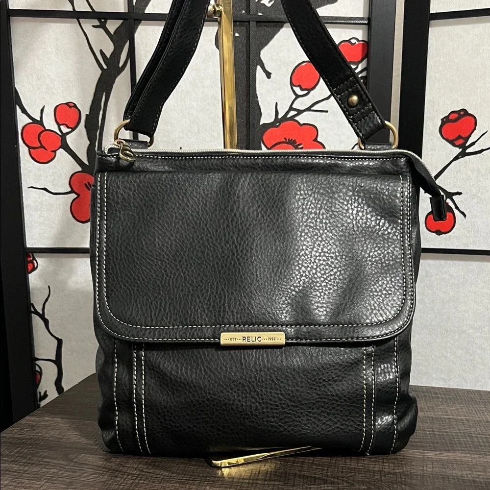 Relic Black Leather Messenger Bag with White Stitching